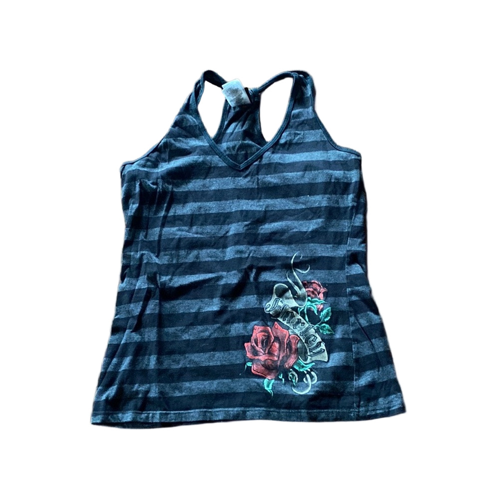 Harley Davidson Staunton VA Striped Racerback Tank Top Rose Graphic Biker SIZE L